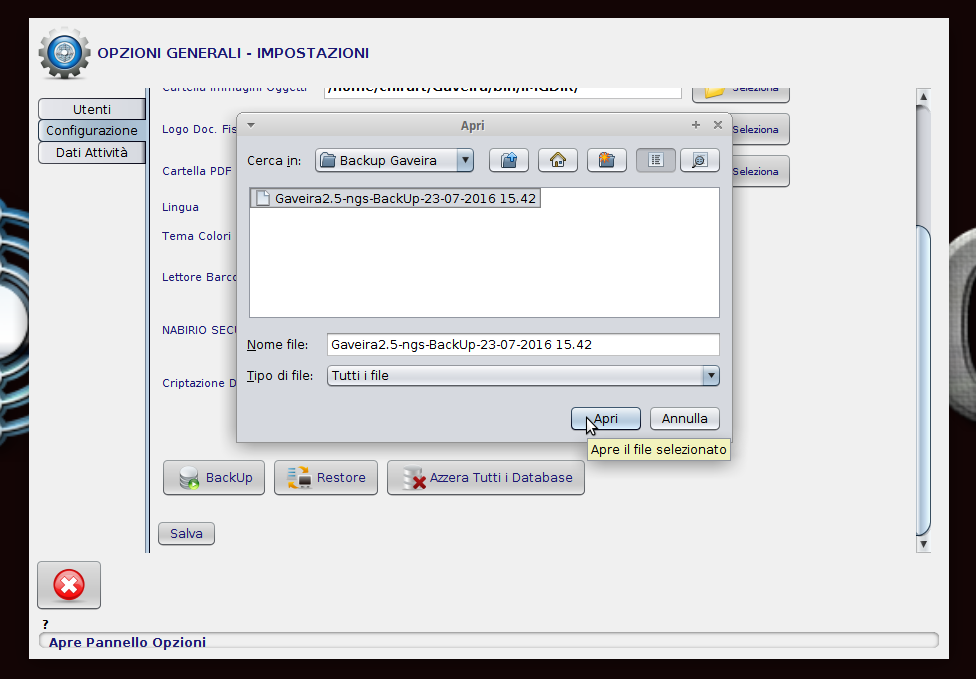 selezionare il file di back-up desiderato per il ripristino di gaveira