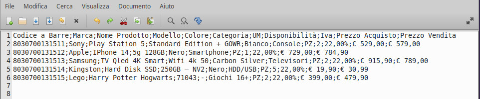 esempio file csv catalogo prodotti