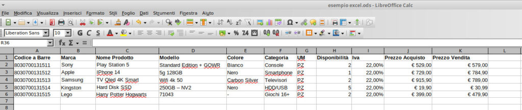 Esempio di Listino Prodotti su File Excel