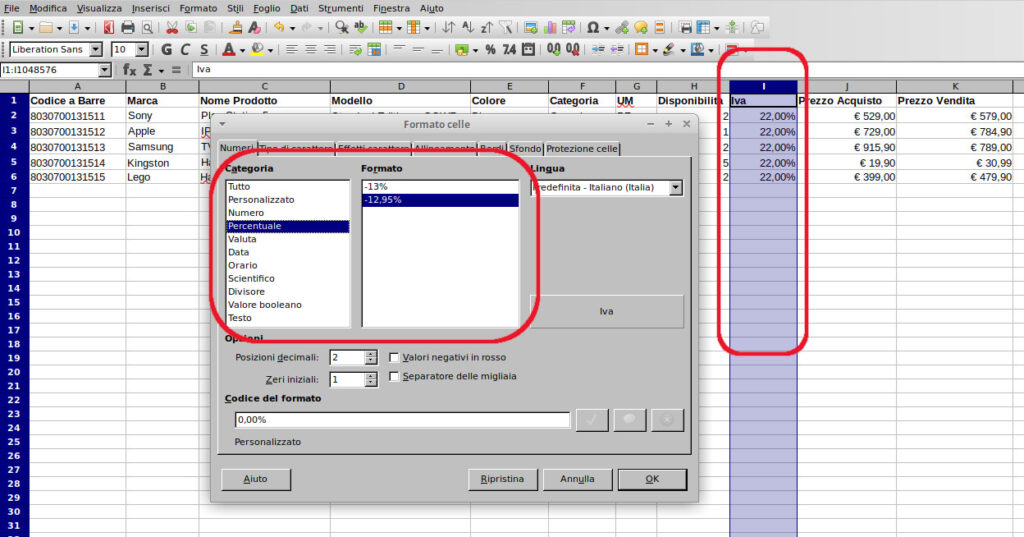 formattare le colonne file excel per export in csv