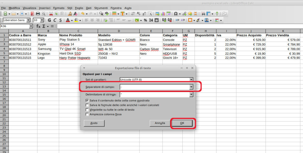 Selezione del separatore di colonna export in csv