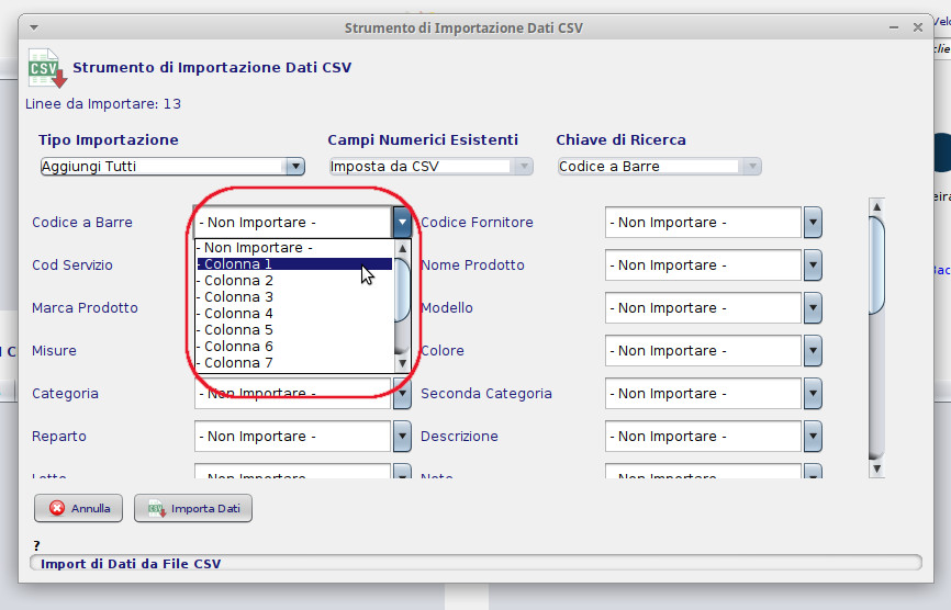 elenco campi importer csv