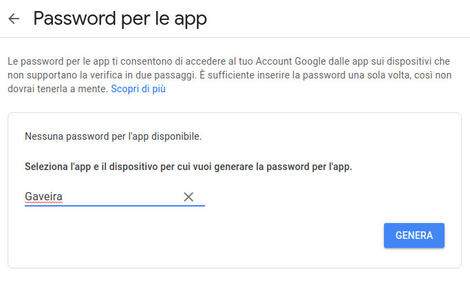 Generare Password app Gmail per Nabirio Gaveira Software Gestionale Magazzino Fatturazione Elettronica