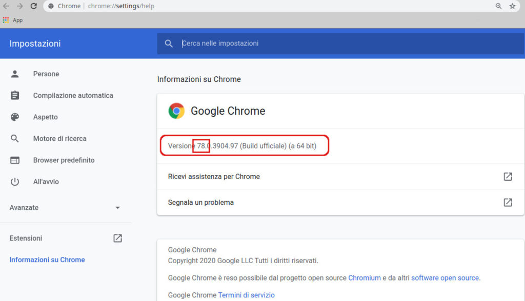 versione di chrome per scontrino elettronico nabirio