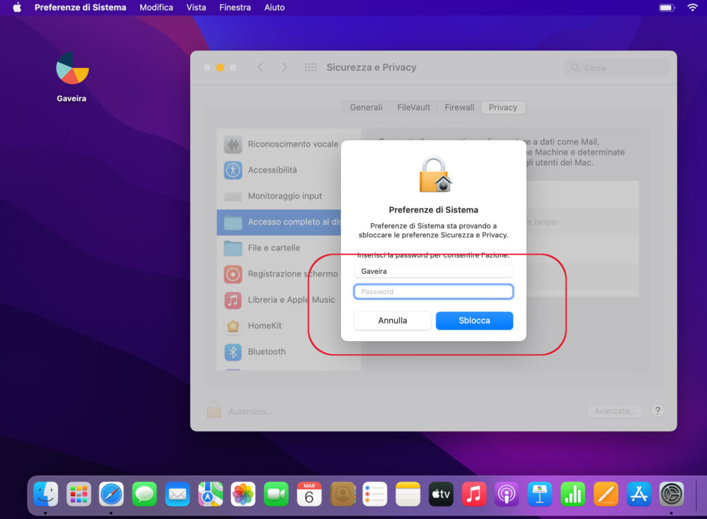 04 Gaveira sbloccare permessi su mac software gestionale magazzino fatture inserire password