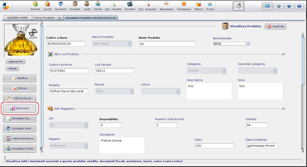 scheda prodotto magazzino elenco carico scarico nabirio gaveira software gestionale magazzino barcode