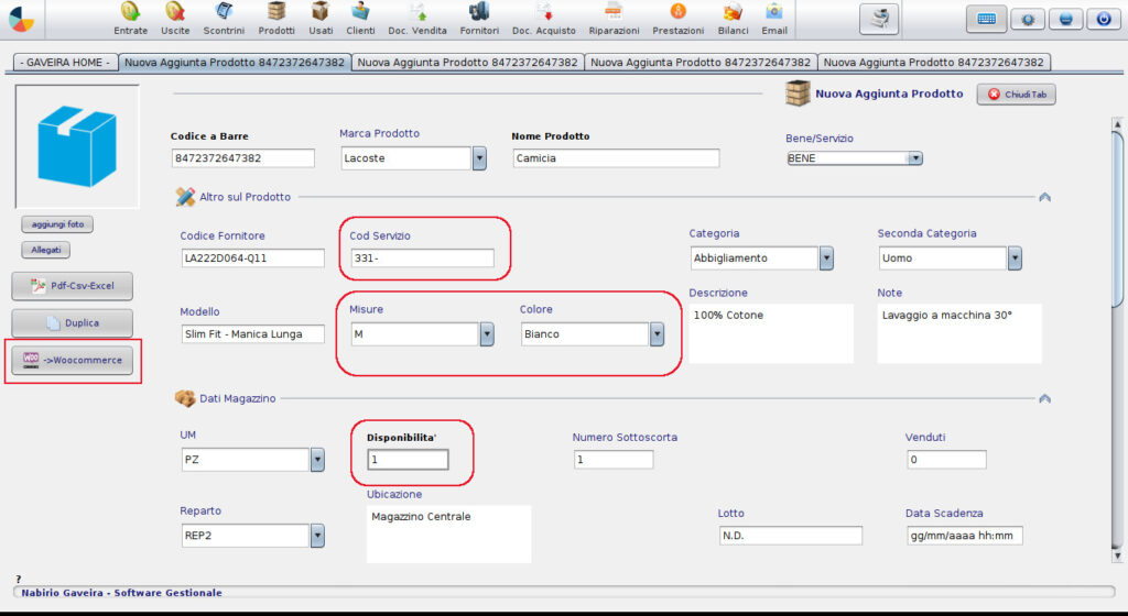 Inserimento Attributi Prodotti Nabirio per Variazione Woocommerce