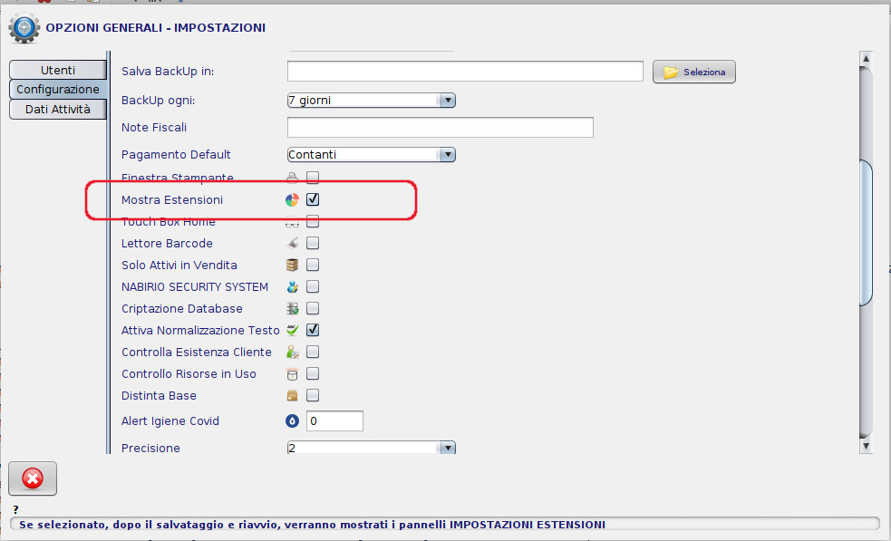 attivare i pannelli estensioni nei software gestionali nabirio