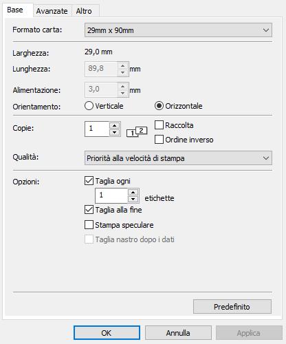Impostazioni Stampante etichettatrice brother